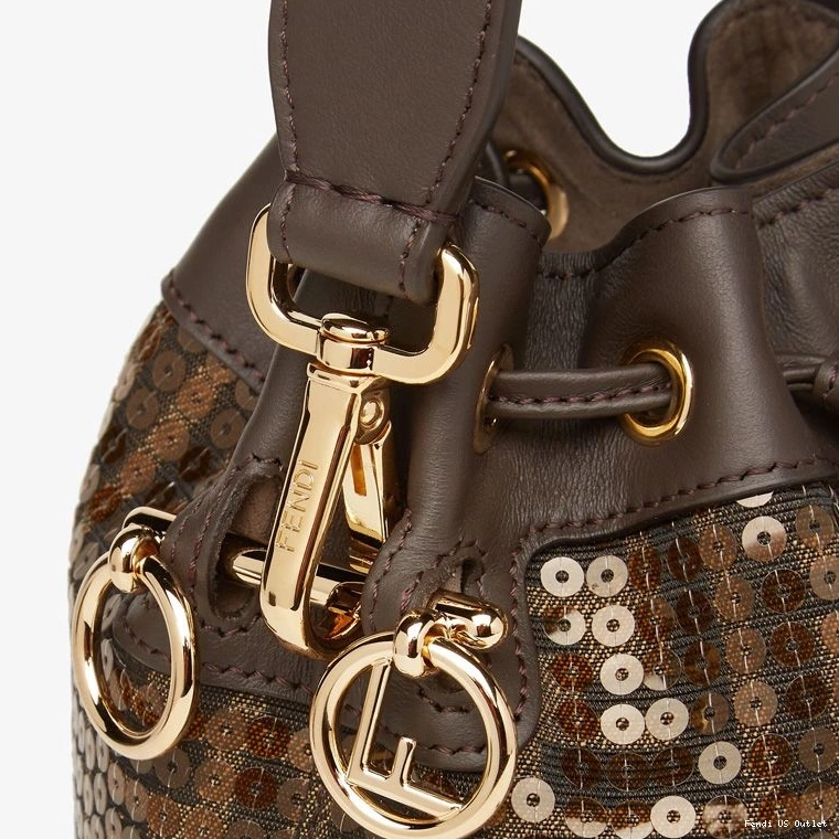 Vintage HOT Motif Brown Bucket Fabric Mon Mini In FF Tresor with Bag Fendi Sequins 0818